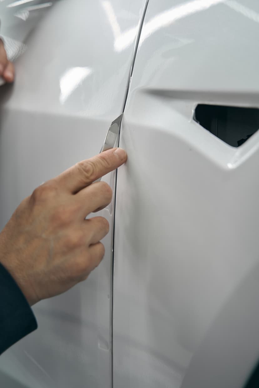 Custom bodywork in progress with a technician trimming material on a car panel